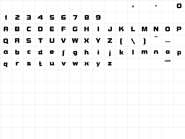Bolted Bold Regular  glyph index