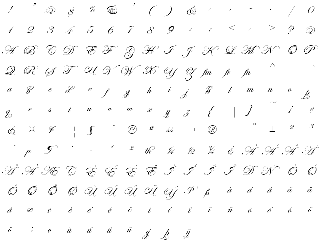 EdwardianScriptEF Regular  glyph index