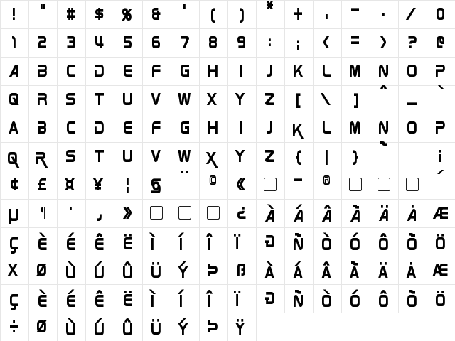 Zebulon Condensed Regular  glyph index