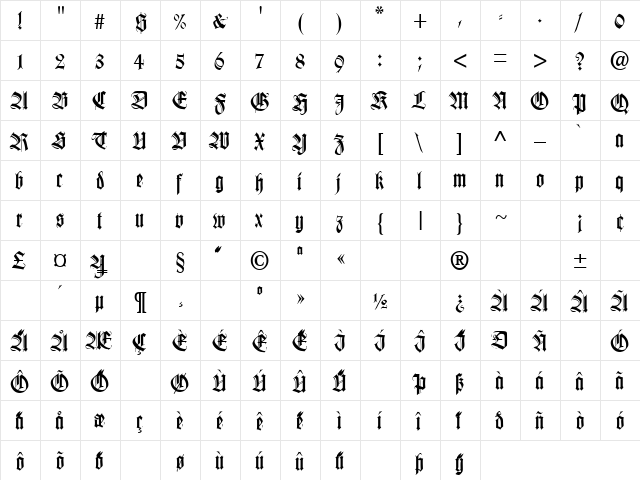 Retribution 5 Regular  glyph index