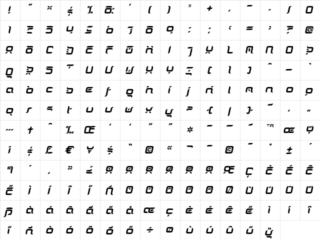 DorisOrange-Italic Regular  glyph index