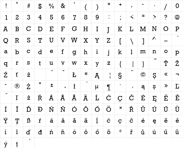 RoctusTEE Regular  glyph index