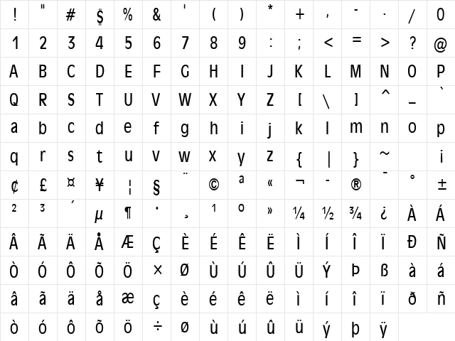 Antiqua 101-Condensed Normal  glyph index