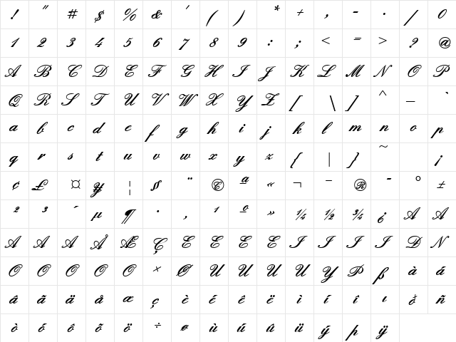 Quadrille Script Black Ssk Bold  glyph index