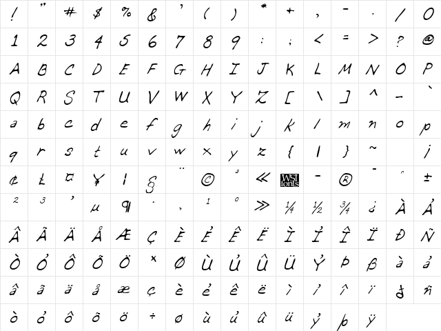 DeannasHand Italic  glyph index