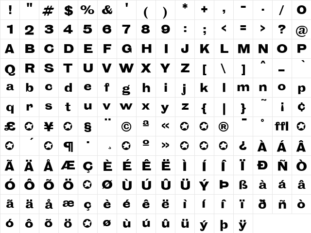 BureauGrotesque-SevenNine Regular  glyph index