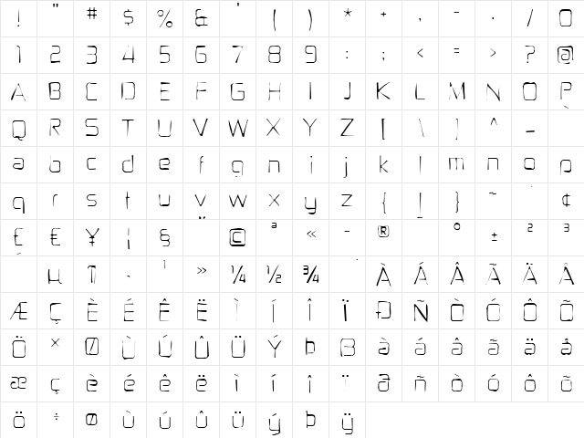 Zekton Gaunt Regular  glyph index