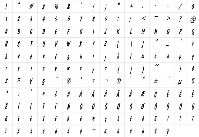 DonCasualCondensed Italic  glyph index