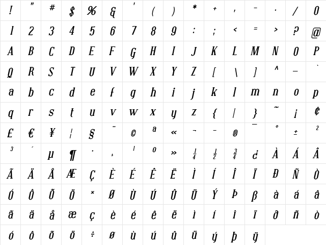 Covington Bold Italic  glyph index