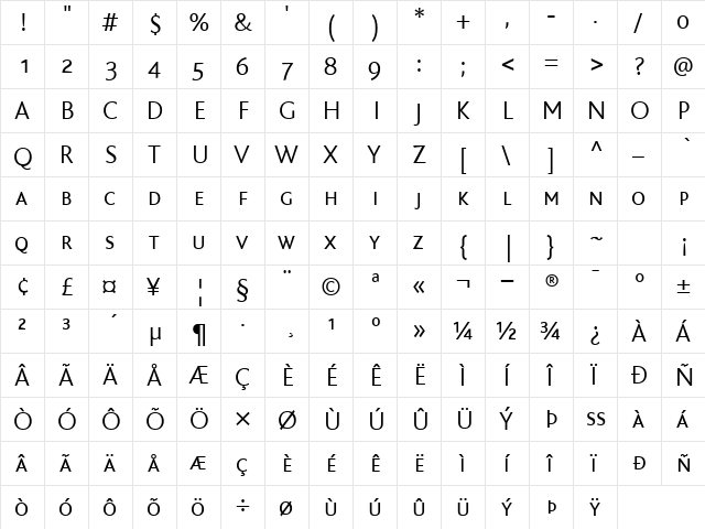 BlissCapsLight Regular  glyph index