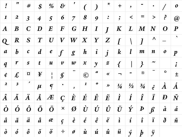 YaleCFF Bold Italic  glyph index