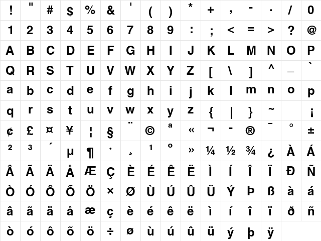 Helvetica LT Std Bold  glyph index