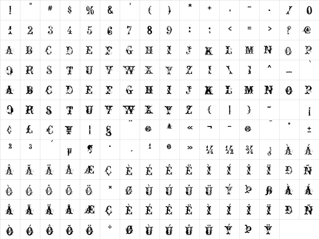 Nasty Regular  glyph index