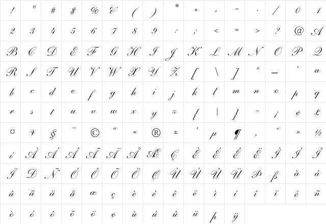 Poe Script Regular  glyph index