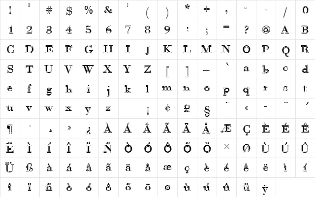 BauerBodTRegIn1 Regular  glyph index