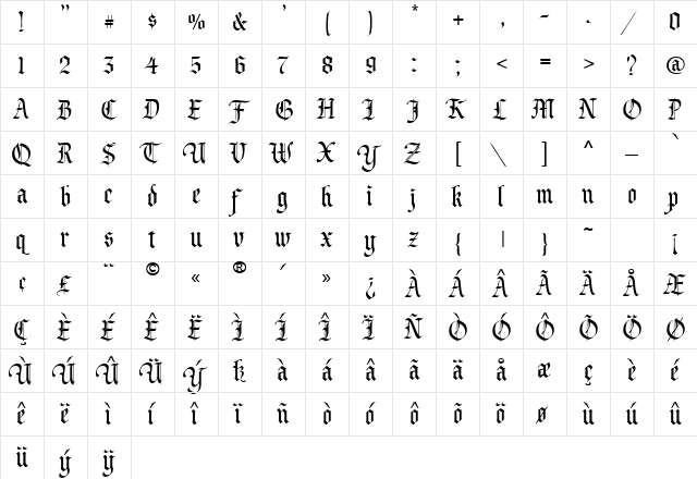 CAC Valiant Regular  glyph index