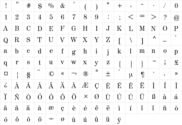 Madison BQ Regular  glyph index