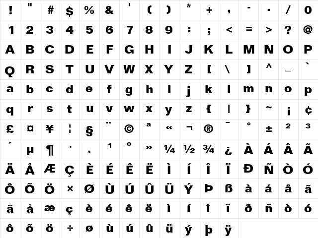 Folio Bold  glyph index