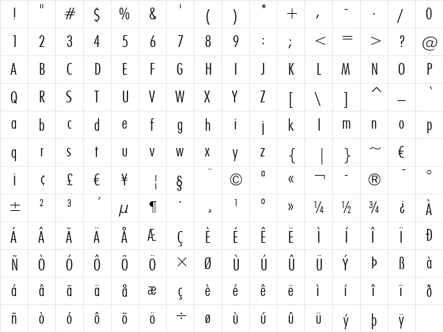 Futura LtCn BT Light  glyph index