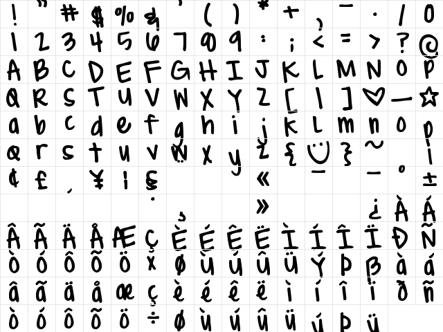 DJB Brit's Thick Pen Bold  glyph index