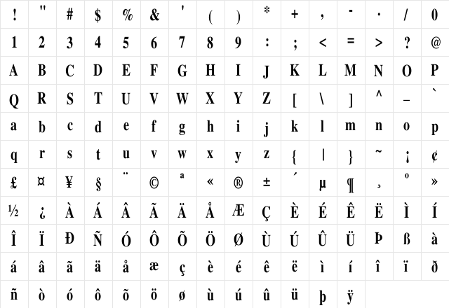 Times-Bold Cn Regular  glyph index