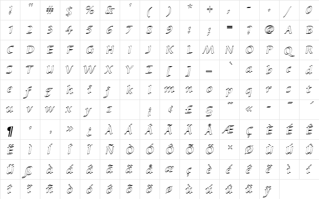 BarbedorTBolItaOu1 Regular  glyph index