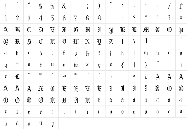 Grettin Regular  glyph index
