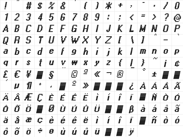 CallThree-Italic Regular  glyph index
