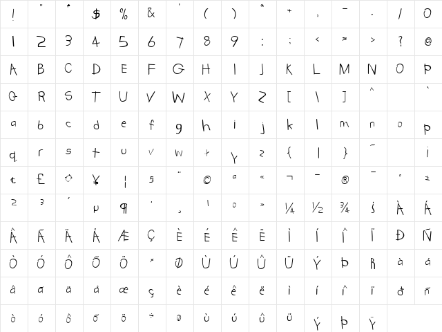 Kidstuff Regular  glyph index