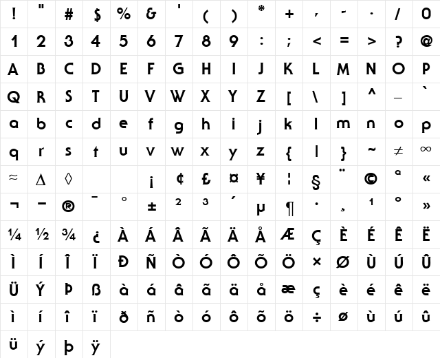 SerenadeTwoExtrabold Regular  glyph index