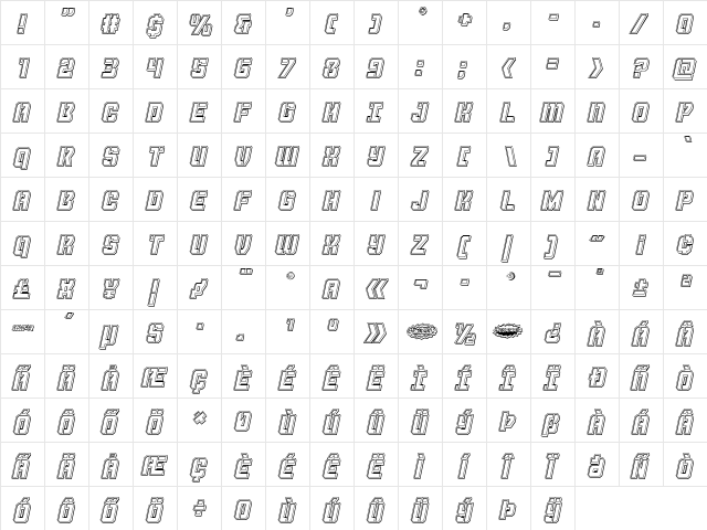 Thunder Trooper Engraved Italic Italic  glyph index