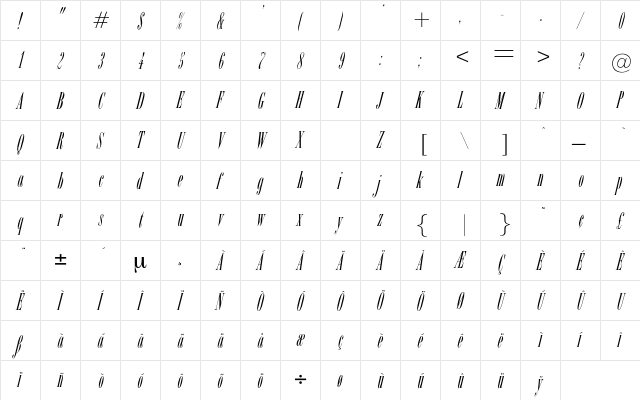 CutterItalic Regular  glyph index