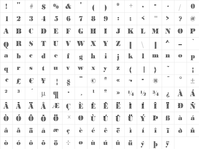BodoniRising2 Regular  glyph index