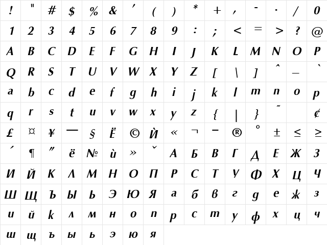 OpalB Bold Italic  glyph index