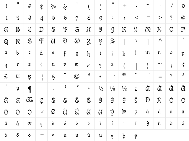 Isabella Regular  glyph index
