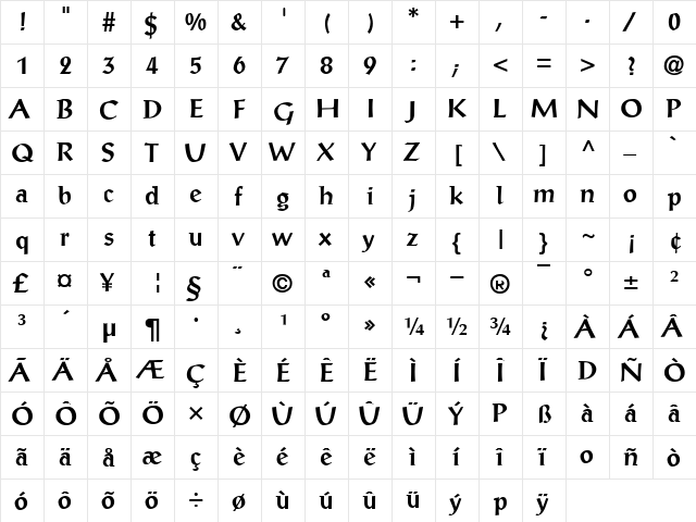 Antique2 Regular  glyph index