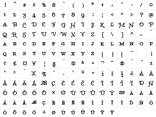 BetterTypeRiteSpec Bold  glyph index