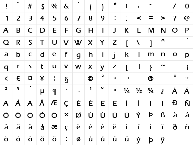 Aquiline Book Bold  glyph index