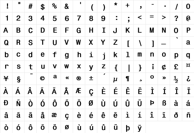 Brunhilde Bold Regular  glyph index