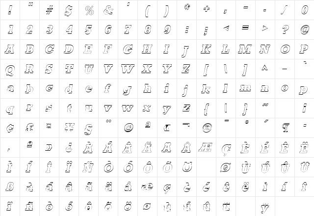 StaffordOutline Italic  glyph index