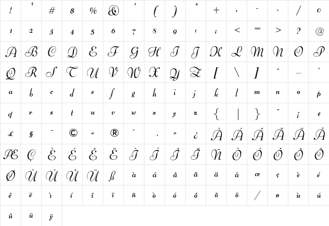 BernhardOptiBoldCursive Regular  glyph index