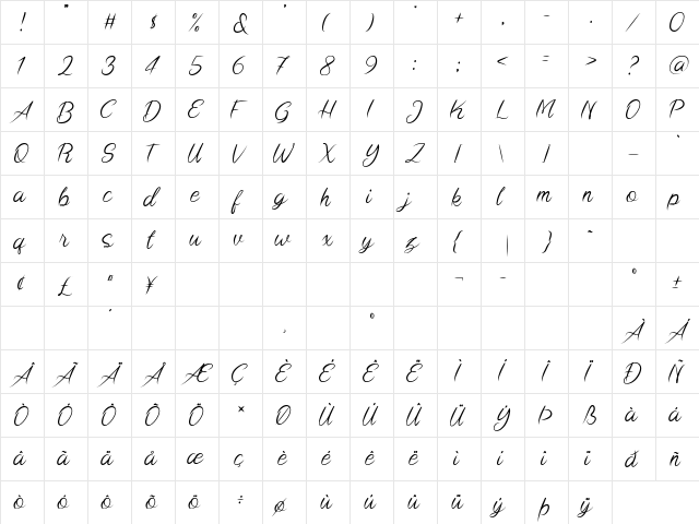 Brushline Regular  glyph index