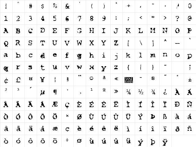 BasicGrunge Regular  glyph index