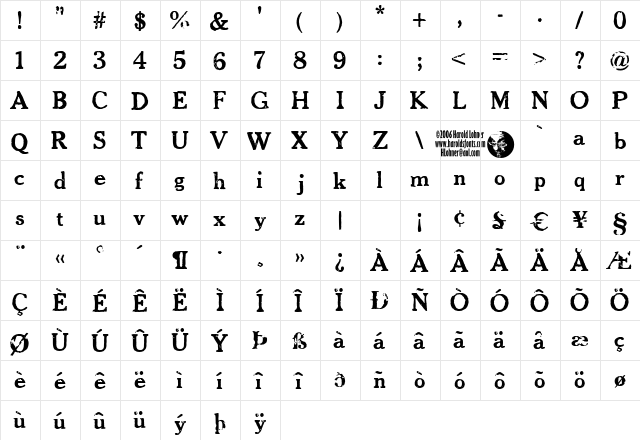 CheltPressDark Regular  glyph index