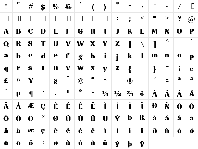 Rossanova Personal Use Black  glyph index