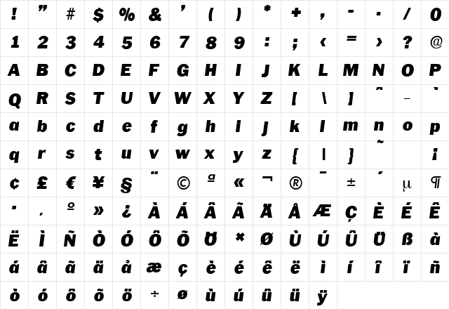 PlymouthSerial-Black Italic  glyph index