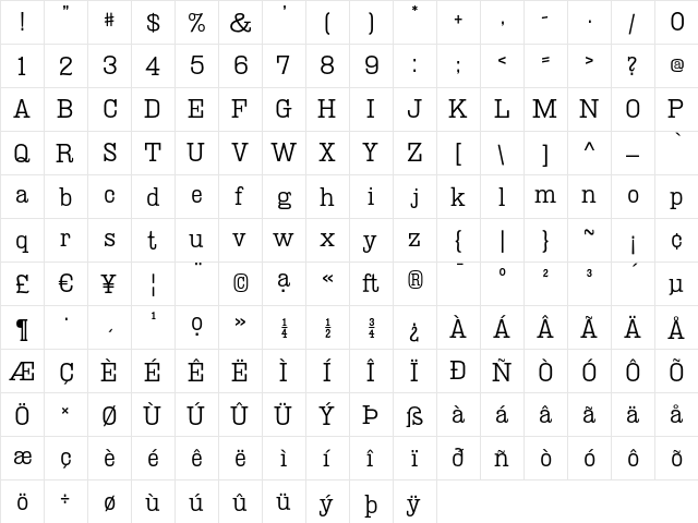 Deadwood Doublewide Light  glyph index