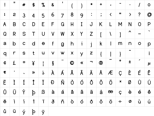 Dustismo Regular  glyph index