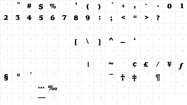 ClaremontExBoldTab Regular  glyph index