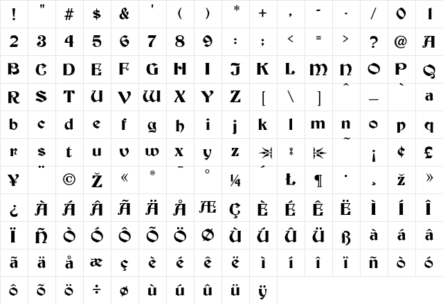 Becker Bold  glyph index